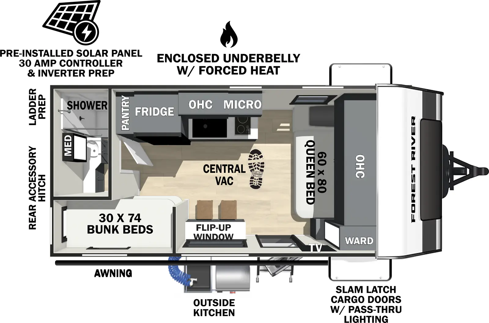 The Ibex 16MKD floorplan has one entry and zero slide outs. Exterior features include: fiberglass exterior, 14' awning and outside kitchen. Interiors features include: bunk beds and front bedroom.